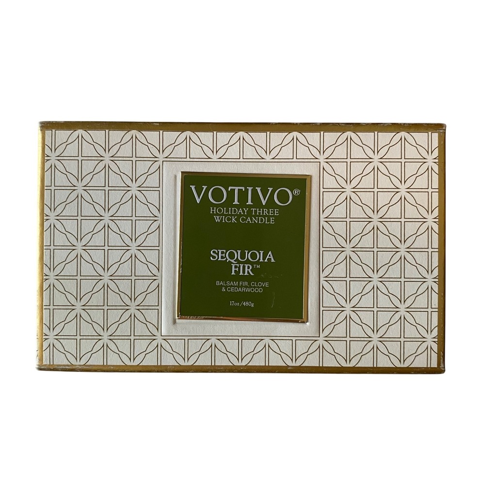 Votivo Sequoia Fir Holiday 3 Wick Candle 17oz Gold Balsam Clove Cedarwood Woodsy